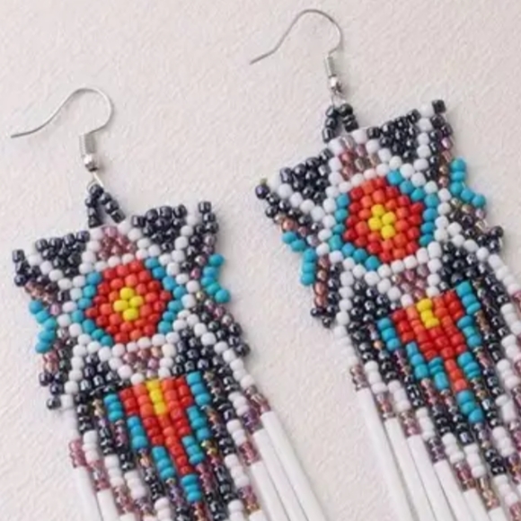 Long 6" White Turquoise Southwestern Handmade Beaded Tribal Earrings New Boho - Picture 2 of 6